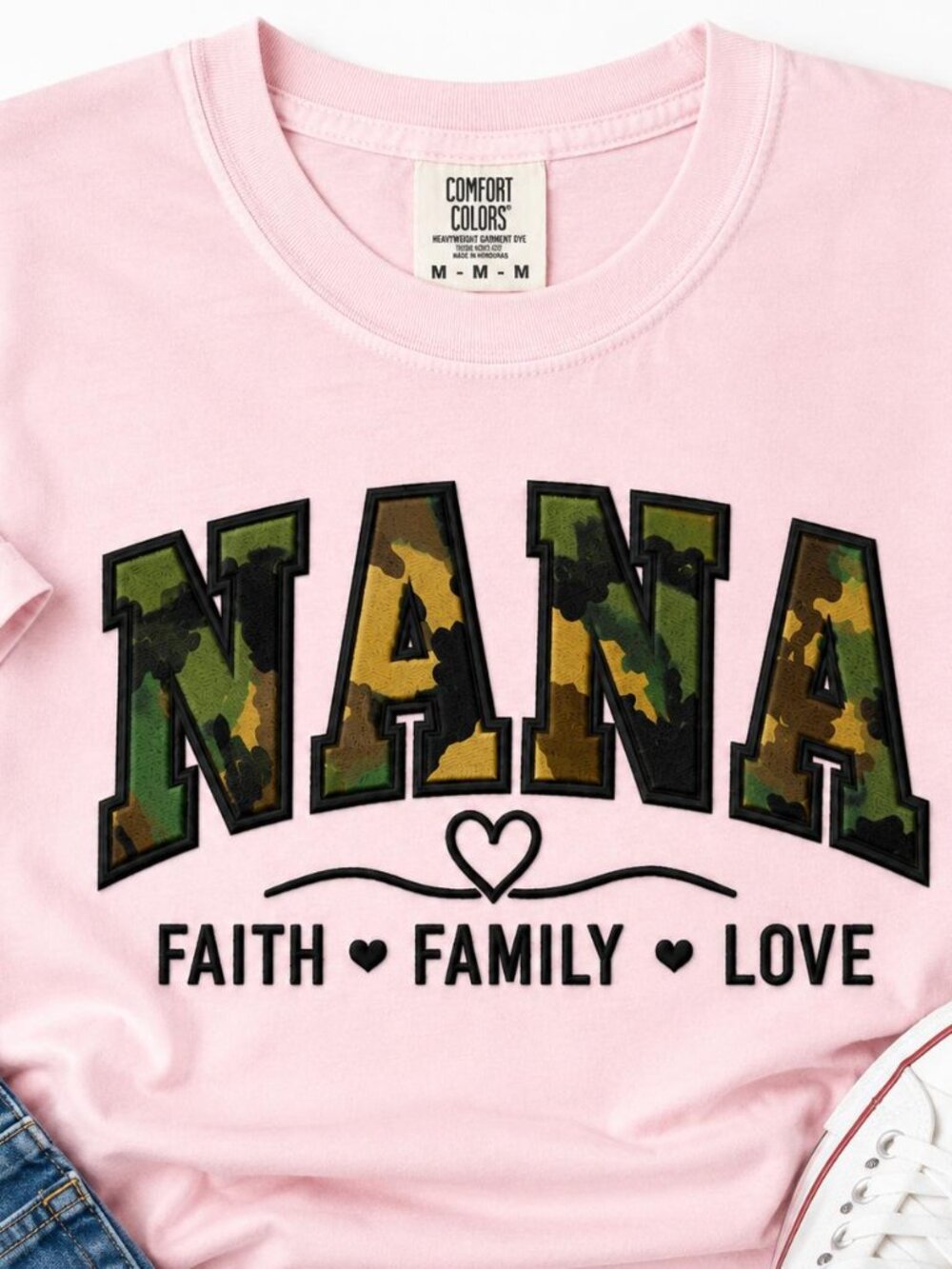 Women's Camo Embroidered T-Shirt NANA shirt Camouflage Fabric Faith Family Love